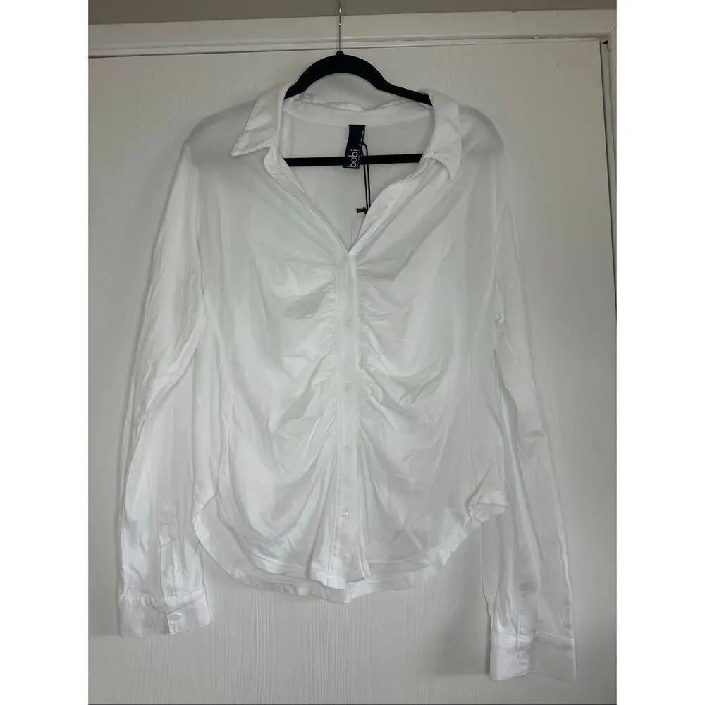 bobi Button Front Shirred Placket Tee in White Size XL